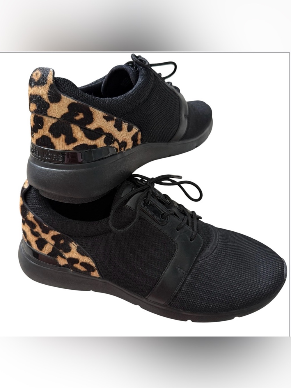 Michael Kors Women’s Black Textile Leather Blend Leopard Accent Sneakers